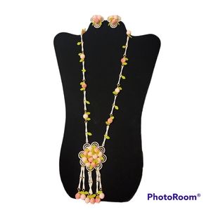 Vintage Plastic Pink Rose Necklace and Clip Earring Set